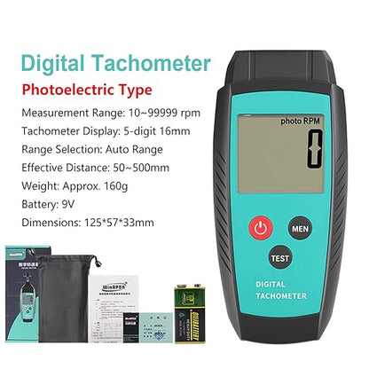 Non Contact RPM Tachometer with Large LCD Display for Precision RPM Measurement, 10 to 99,999 RPM Laser Photo Digital Tachometer RPM Gauge Meter with Reflection Tapes, MAX/MIN/LAST and Memory Function