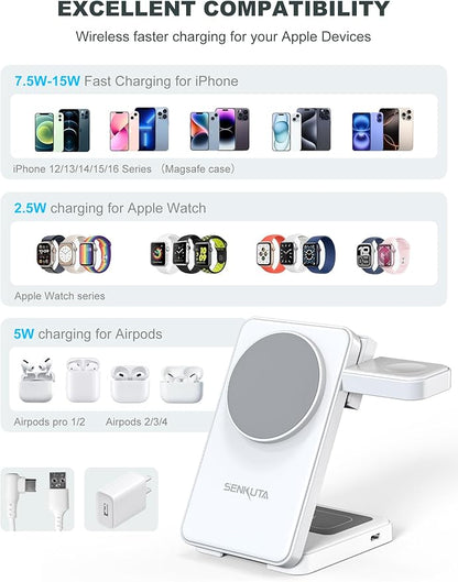 2025 Upgraded Wireless Charger for Apple: 3 in 1 Charging Station Foldable Fast for Apple iPhone 16/15/14/13/12 Max Plus Series - Portable Travel Charger for Apple Watch/Airpods Pro (White)