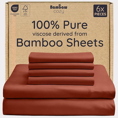 Bambaw 100% Viscose Derived from Bamboo Sheets Queen Size – 6pcs Queen Sheet Set Cooling Sheets, Fits Up to 16'' with Elastic Corner Straps, Breathable & Super Soft Bedding Set (Terracotta)