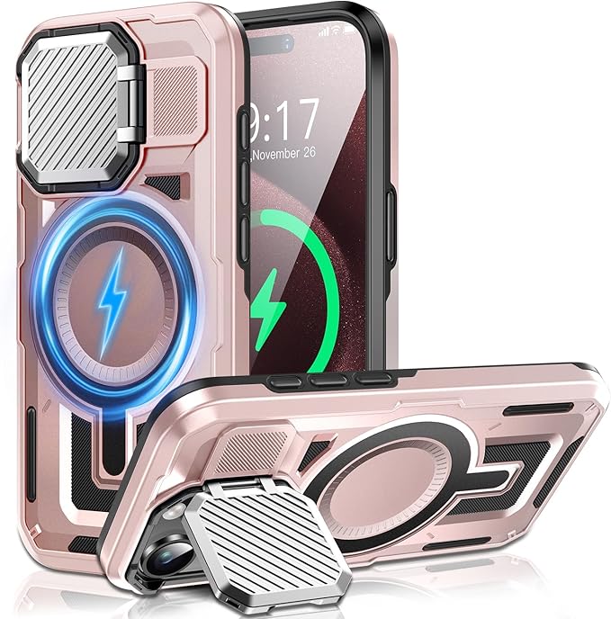Camera Stand Case for iPhone 15 Pro, [Compatible with Mag Safe] [Lens Cover] 2024 Version Military Grade Protective Soft Case for iPhone 15 Pro 6.1 inch Men Women, Pink