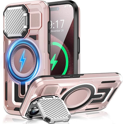 Camera Stand Case for iPhone 15 Pro, [Compatible with Mag Safe] [Lens Cover] 2024 Version Military Grade Protective Soft Case for iPhone 15 Pro 6.1 inch Men Women, Pink