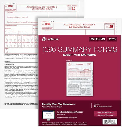 Adams 1096 Forms 2025, 1-Part Summary Transmittal Forms for 25 Recipients, Compatible with Inkjet & Laser Printers, 25 Sets per Pack, IRS Compliant (1017226)