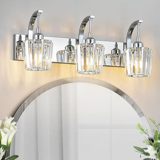FDPBY Modern Bathroom Vanity Light, 3-Light Chrome Wall Sconce with Crystal Accents, Over Mirror Bathroom Lighting Fixture, 23.62" Long Dimmable Vanity Lamp for Makeup, Easy Installation