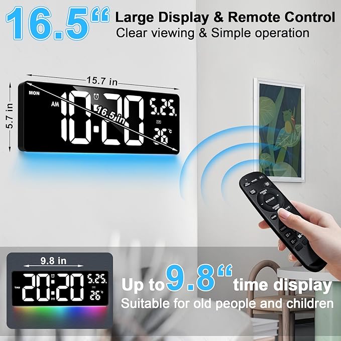 Xflyee 16.5" Digital Clock Large Display with Remote Control, 6-Color Night Light Digital Wall Clock with Dual Alarms, Temperature, Auto DST Large Clock for Living Room, Bedroom, Desk, Mounted, Gift