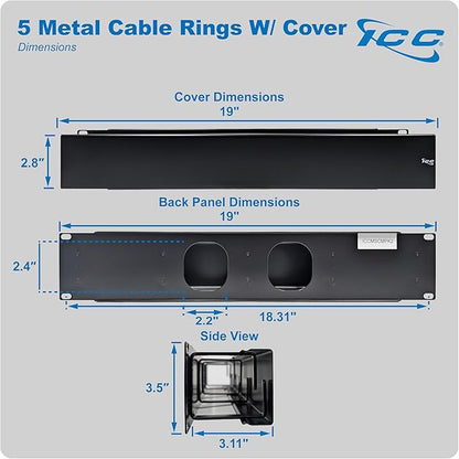 ICC 2U Ring Cable Manager Panel with Cover, Metal, 3" D-Rings, Horizontal Cable Management, Rackmount for 19” Network Racks, Black, 6-Pack