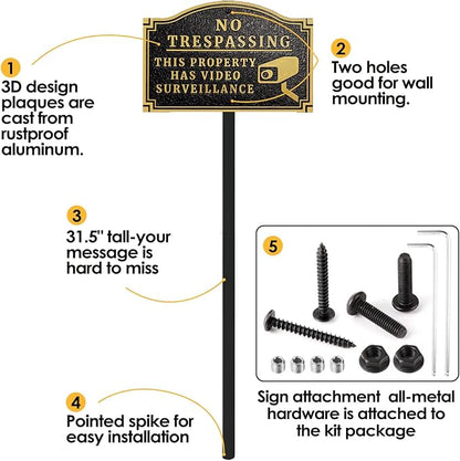 Morgtta No Trespassing - This Property Has Video Surveillance,Home Security Camera Sign with Stakes, Heavy Duty Material, Embossed Letters, 11.5"×7.5” with 31.5" Post and Upgraded Stainless Screws