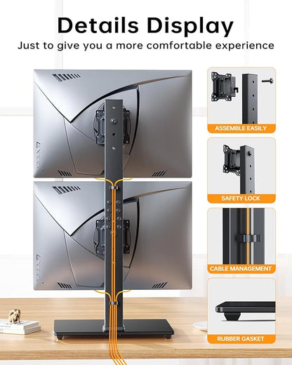 Dual Monitor Stand, FreeStanding Desk Stand for Two 13-32 inch Screens, Vertical Monitor Riser with Swivel, Tilt, Rotation, 4 Height Options, Holds One (1) Screen Up to 77Lbs, VESA 75x75mm/100x100mm