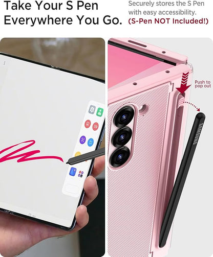 Miimall for Samsung Galaxy Z Fold 6 Case with S Pen Holder Slot [Military Grade Drop][Built-in Privacy Screen & Invisible Kickstand] Slim Thin Protective Phone Case for Galaxy Z Fold 6 5G Cover Pink