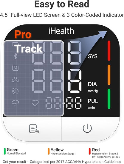 iHealth Track Pro Upper Arm Blood Pressure Monitor, Full-View LED Screen, Body & Cuff Detection, App-Enabled for iOS & Android, Adjustable Cuff Large Adults Arm Friendly