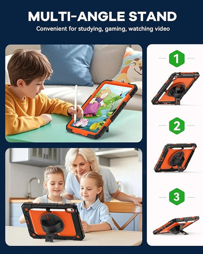 Cantis Case for iPad 11-inch (A16) 2025/ iPad 10th Generation 2022 (10.9 inch) with Screen Protector, iPad 11th Case with 360 Degree Rotating Stand/Shoulder Strap/Pencil Holder, Black+Orange
