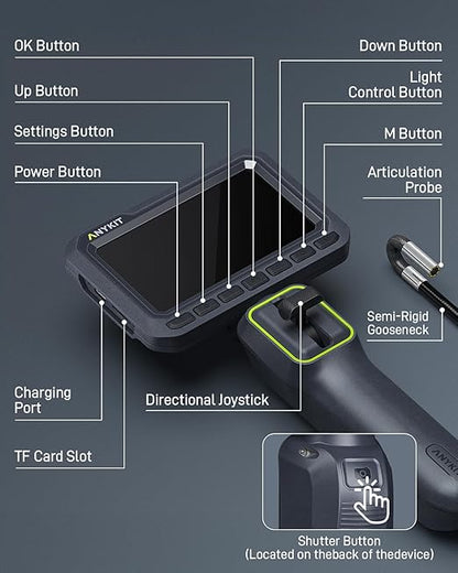 Anykit Articulating Borescope, 210° Two-Way 0.22in Slim Probe Endoscope with High-Brightness LED Lights, 4.3" IPS HD Video Inspection Snake Camera for Automotive Engine Inspect - 4FT