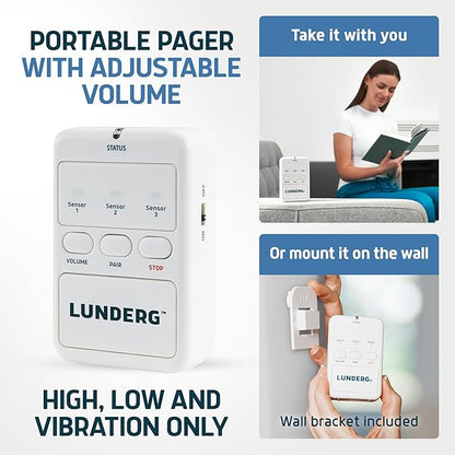 Lunderg Large Bed Alarm for Elderly Adults - Wireless Sensor Pad (20” x 30”) & Pager - Safety Bed Alarms and Fall Prevention for Elderly and Dementia Patients - for Patients That Move a lot