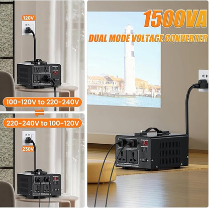 1500W Voltage Converter Transformer Step Up 110V/120V to220V/240V or Step Down 220V to 110V AC Power Converte, Circuit Breaker Protection, 2 US sockets, 2 Universal sockets, LCD Display