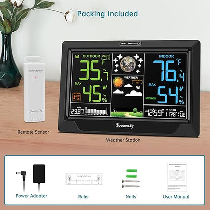 DreamSky Weather Station Indoor Outdoor Thermometer Wireless, Atomic Clock with Indoor Outdoor Temp, Date Day, Adjustable Backlight, Inside Outside Temperature Humidity Monitor for Home