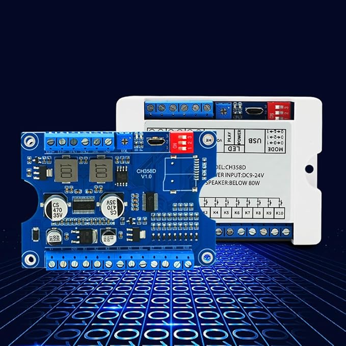80W Vocie Playback Module,CH358D Low Lever Trigger 8MB DC 9-24V Sound Board with Case,Support USB Download,MP3 Hardware Decoding,10-Way Button One-to-One,8 Combined Playback for Industry Broadcast.