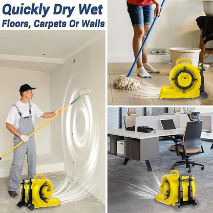 BSMTEK 2500-5000 CFM 1HP Air Mover Blower Fan, Floor Blower Dryer, 3 Speeds, 4 Adjustable Angles, Handle Wheelkit, 15Ft Long Cord Portable, Stackable - 2026 Upgraded