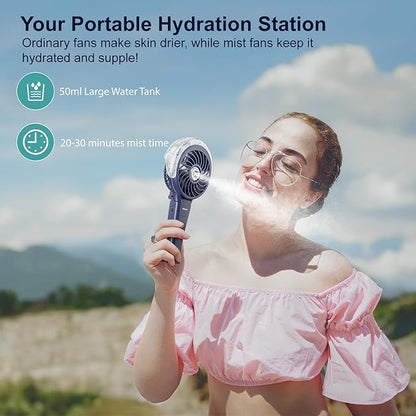 HandFan 4000mAh Upgraded Handheld Misting Fan, 50ml Water Tank, Rechargeable Personal Mister Fan Portable AC, Spray Water Mist Fans, Foldable Cooling Ice Fans for Beach Travel Disney(Royal Blue)