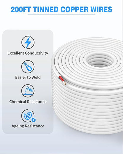 NAOVEO 18 Gauge Wire 2 Conductor Electrical Wire, 18 AWG Stranded PVC Tinned Copper Cable, Flexible/Low Voltage Automotive Wiring for LED Lamps, Marine, Speaker, Appliances (200FT)