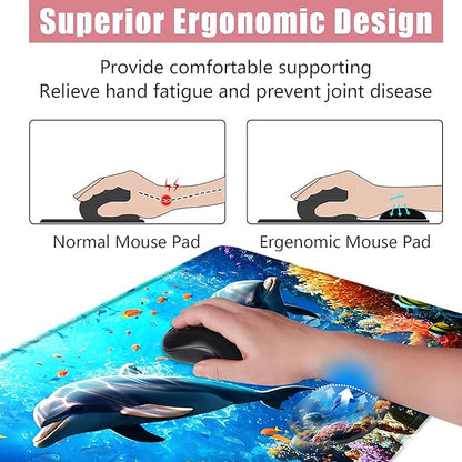 BFUKVOU Large Keyboard Mouse Pad Set, Extended Mouse Pad+Keyboard Wrist Rest Support, Memory Foam Ergonomic Easy Typing, 4Pcs (31.5×11.8 in) Desk Pad Set for Office Home,Underwater Dolphin Scene