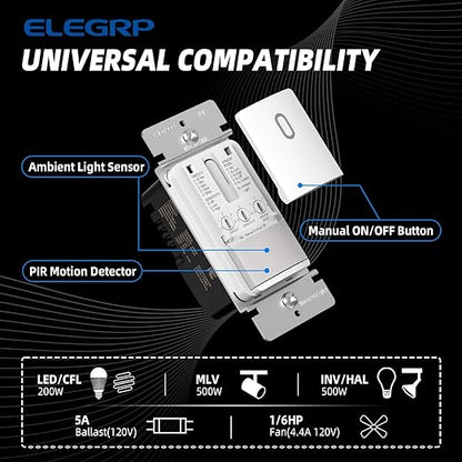 ELEGRP Matte White Single Pole Occupancy Motion Sensor Light Switch, Need Neutral Wire, 120° Sensor Coverage PIR Infrared Motion Activated, for CFL/LED/MLV/INC/HAL/Fan, UL, 6 Pack