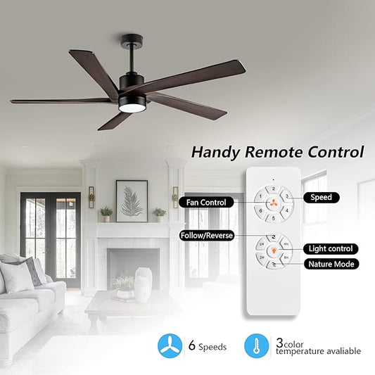 WINGBO 54 Inch DC Ceiling Fan with Lights and Remote Control, 5 Reversible Carved Wood Blades, 6-Speed Noiseless DC Motor, Modern Ceiling Fan in Matte Black Finish with Walnut Blades, ETL Listed