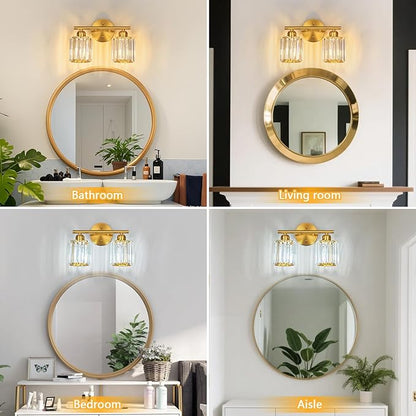 FDPBY Modern 2 Light Crystal Vanity Light, Brushed Gold Vertical Bathroom Light Fixture Over Mirror for Dressing Table Sink, Compatible with Dimmable Bulbs (Bulbs Not Included)