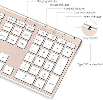 Wireless Keyboard and Mouse, Vssoplor Rechargeable Quiet Full-Size Keyboard and Mouse Combo Set Ultra Slim Design for Laptop, PC, Notebook, Desktop-White and Gold