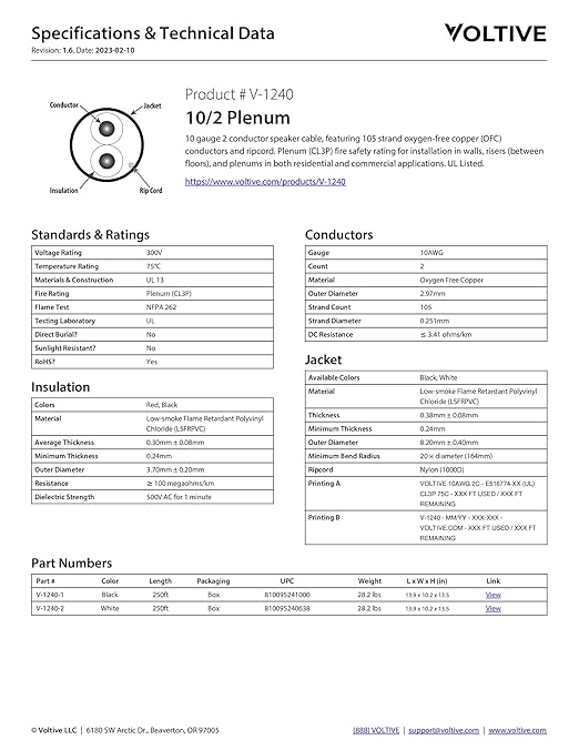 Voltive 10/2 Speaker Wire, Plenum CL3P, White, 250ft - 10AWG, 2 Conductors, Stranded Oxygen-Free Copper, UL Listed - V-1240-2