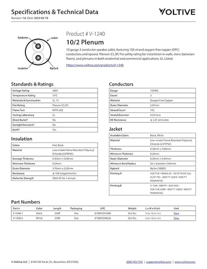 Voltive 10/2 Speaker Wire, Plenum CL3P, White, 250ft - 10AWG, 2 Conductors, Stranded Oxygen-Free Copper, UL Listed - V-1240-2