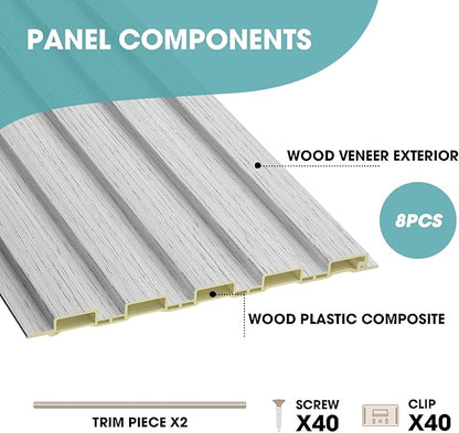 OUZUGIE WPC Acoustic Slat Wall Paneling, 8-Pack 114 x 6 Inches 3D Wall Panels for Interior Wall Decor,Living Room,TV Background,Study Room,Office Spaces,Bedroom,Low Grille (Grey)