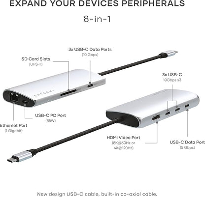 Satechi 8 in 1 USB C Hub Multiport Adapter V3, 8K HDMI, 100W Charging, 4 USB Data Ports, Ethernet, SD Card Reader, for Laptop, for Mac/Windows, MacBook Air/Pro M5/M4, iPad - Silver