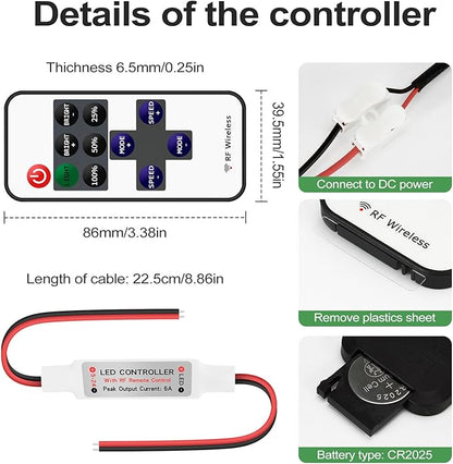 RGBZONE 2 Pack RF Wireless Remote Controller, DC5V-DC24V Single Color 5050 3528 5630 LED Strip Lights, Dimmer Controller Brightness & Effect Mode, RF Wireless Remote Control