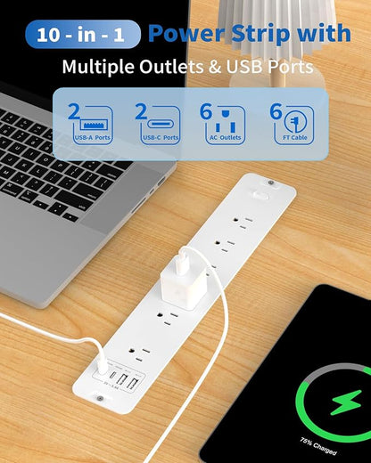 Inhwatek Recessed Power Strip, Surge Protector with USB Ports, Flush Mount Power Strip, 6Ft Flat Plug Extension Cord for Home Office Desk Kitchen Behind Furniture