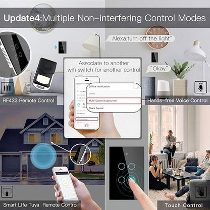 MOES 2.4GHz WiFi Wall Touch Smart Switch Neutral Wire Required, 3 Way Multi-Control, Glass Panel Light Switch Work with Smart Life/Tuya App, RF433 Remote Control, Alexa and Google Home Black 2 Gang