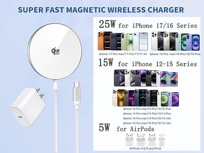[Apple MFi Certified]25W Magnetic Wireless Charger for iPhone,Qi2.2 Certified 6FT Fast Apple MagSafe Charger Wireless Charging Pad for iPhone 17/17Air/16 ProMax/15 ProMax/14/13/12/AirPods3/2/Pro/Pro2