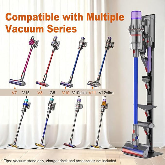 AIKOLZON Vacuum Stand for Dyson with Foldable Storage Hooks and Heavy-Duty Carbon Steel Base, No Drill Installation, Space-Saving Organizer for All Dyson Cordless Vacuums & Accessories