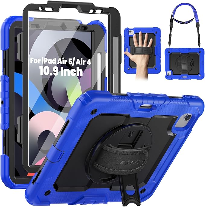 SEYMAC for iPad Air 5th/ 4th Generation Case 10.9 Inch, Full-Body Shockproof Protective Case with Screen Protector, Rotating Stand/Handle/Shoulder Strap/Pencil Holder for iPad Air 5/ Air 4, Blue