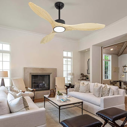 Revoici 52 inch Ceiling Fans with Lights and Remote, 3 Natural Wood Blades, Modern Indoor/Outdoor Ceiling Fan for Living Room Bedroom Farmhouse Patio, 6 Speeds, Dimmable, Noiseless Reversible DC Motor