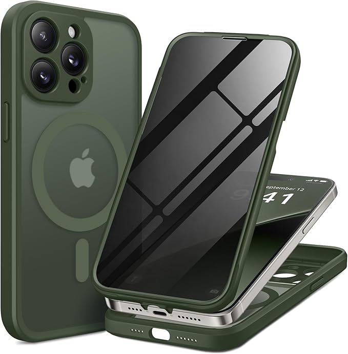 BERFY Magnetic for iPhone 14 Pro Max Case, Compatible with MagSafe, Built-in Privacy Screen Protector and Upgraded Camera Protection, Anti-Spy Full Body Shockproof Phone Case for 14 Pro Max 6.7",Green