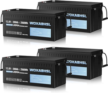 WOXABHSL 4 PCS 12V 200Ah LiFePO4 Lithium Battery, Built-in 200A BMS, 15000+ Deep Cycles, Max 2560W Power Output, FCC UL Certificates, Perfect for RV, Solar, Marine