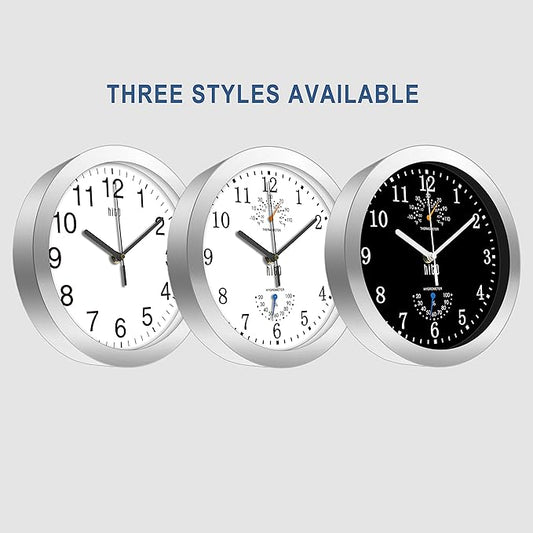 HITO 10 Inch Silent Wall Clock Battery Operated Non Ticking Glass Cover Silver Aluminum Frame, for Kitchen, Bedroom, Home Office, Living Room Decor (Black)