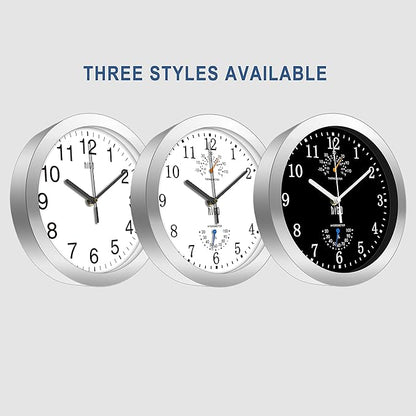 HITO 10 Inch Silent Wall Clock Battery Operated Non Ticking Glass Cover Silver Aluminum Frame, for Kitchen, Bedroom, Home Office, Living Room Decor (White)