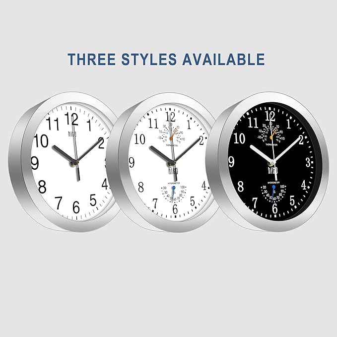 HITO 10 Inch Silent Wall Clock Battery Operated Non Ticking Glass Cover Silver Aluminum Frame, for Kitchen, Bedroom, Home Office, Living Room Decor