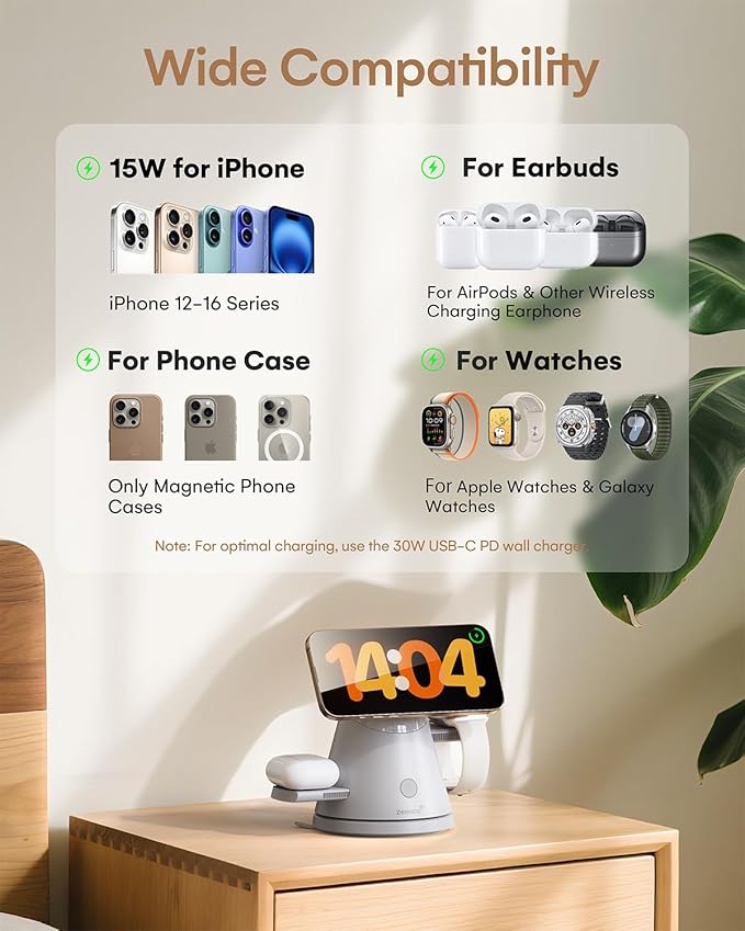 ZEEHOO 4 in 1 Wireless Charging Station for Apple,Mag-Safe Charger&Dimmable Light,Qi2 15W Rotating Fast Wireless Charger for iPhone 16,15,14,13,12&Pixel 10&iWatch&Samsung Watch&AirPods(30W Adapter)