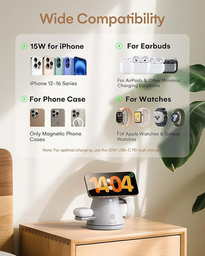 ZEEHOO 4 in 1 Wireless Charging Station for Apple,Mag-Safe Charger&Dimmable Light,Qi2 15W Rotating Fast Wireless Charger for iPhone 16,15,14,13,12&Pixel 10&iWatch&Samsung Watch&AirPods(30W Adapter)