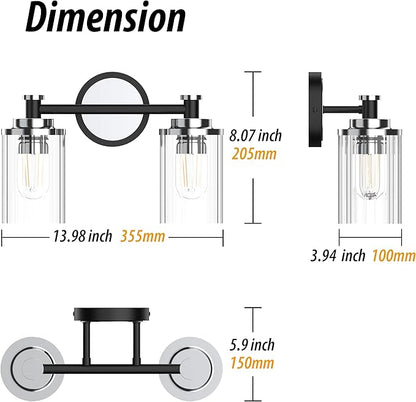 PHIXART Bathroom Lighting Fixtures Black and Chrome Bathroom Vanity Light with Cylindrical Clear Stripes Glass Lampshade E26 Socket Base Bathroom Lighting Fixtures Over Mirror (2 Lights)