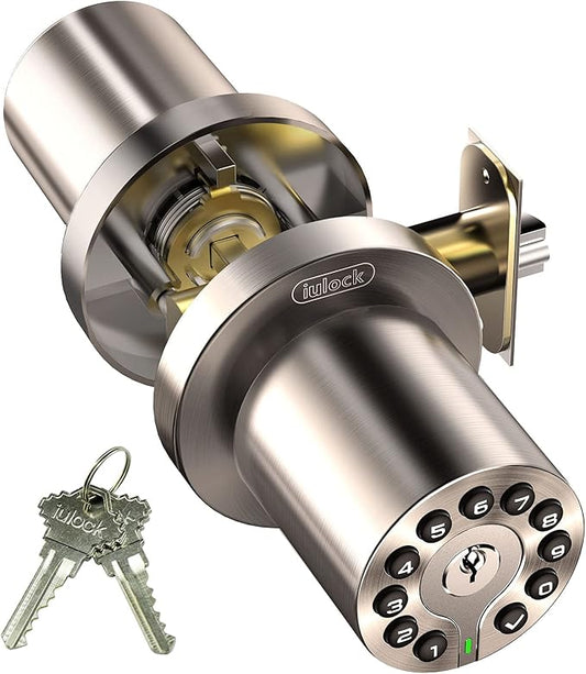 iulock Waterproof Electronic Door Knob with Keypad and Key, Auto Lock, Satin Nickel, 50 Codes, Easy to use and install for Office/Warehouse/Bedroom/Garage