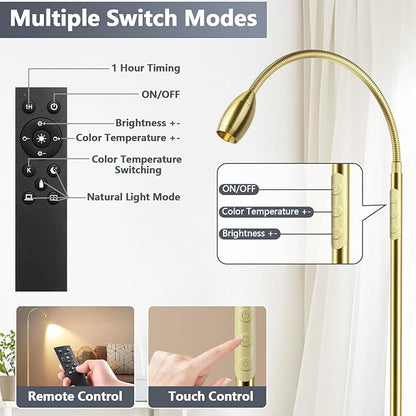 Reading Floor Lamp, 72" Tall LED Lamp with Flexible Gooseneck, Dimmable Zoomable Spotlight, Adjustable Color Beam Standing Lamp, Touch & Remote Control, Task Craft Bedroom Living Room (Antique Brass)