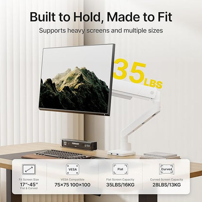 monTEK Single Monitor Arm with USB for Max 45 Inch Ultrawide Screens Adjustable Monitor Desk Mount Holds 35 Lbs Cable Management with C Clamp/Grommet Desk Mount, VESA 75/100mm, MA1007UCWH