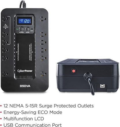 CyberPower EC850LCD Ecologic UPS Battery Backup and Surge Protector, 850VA/510W, 12 Outlets, ECO Mode, Compact, UL Certified